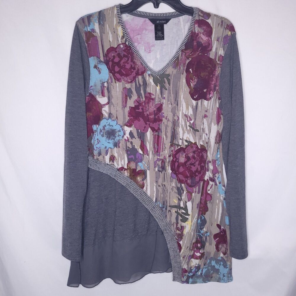 Ali Miles Top Medium Floral Long Sleeve Watercolor Asymmetrical